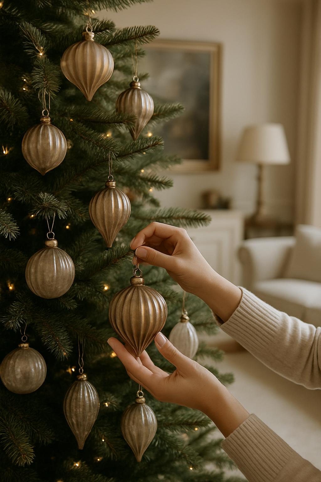 A woman decorates a green Christmas tree with large gold ornaments, in a living room setting.